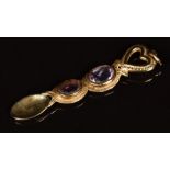 A 9ct gold Welsh love spoon pendant set with two oval cut amethysts, 4.4g