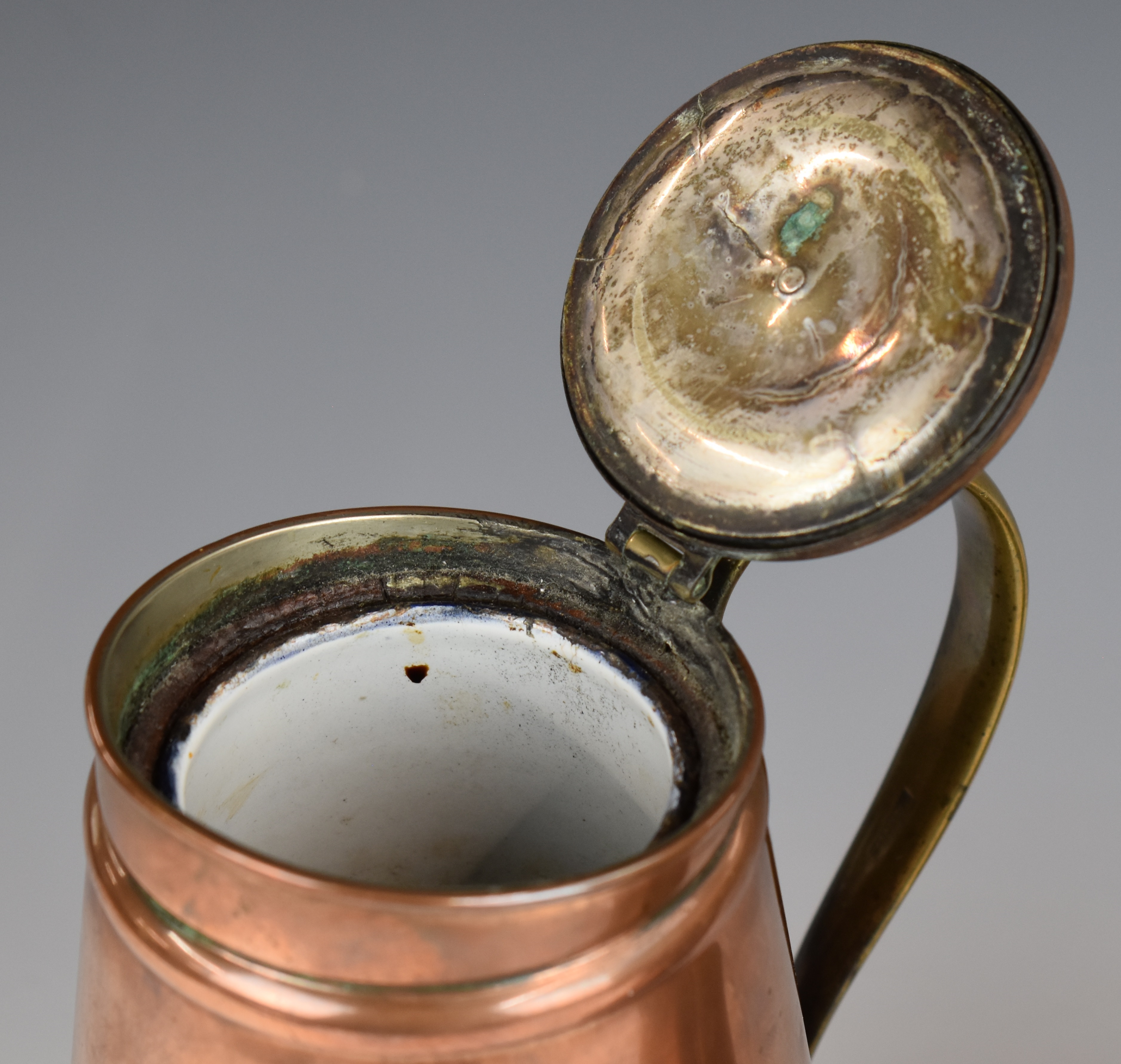 WAS Benson Arts & Crafts pair of ceramic lined copper and brass lemonade jugs, one impressed - Image 5 of 7