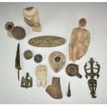 Quantity ancient and ancient style collectables including oil lamps, pots etc including a bronze