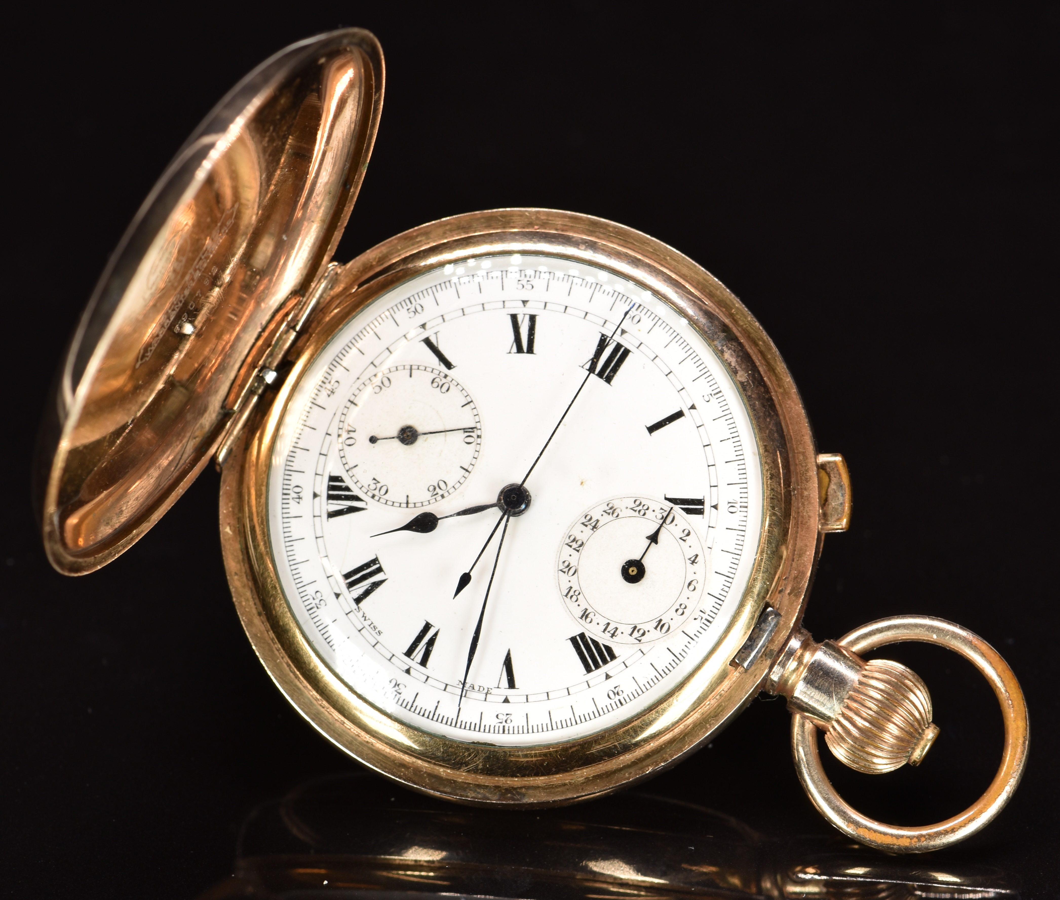 Swiss gold plated keyless winding full hunter chronograph pocket watch with subsidiary continuous