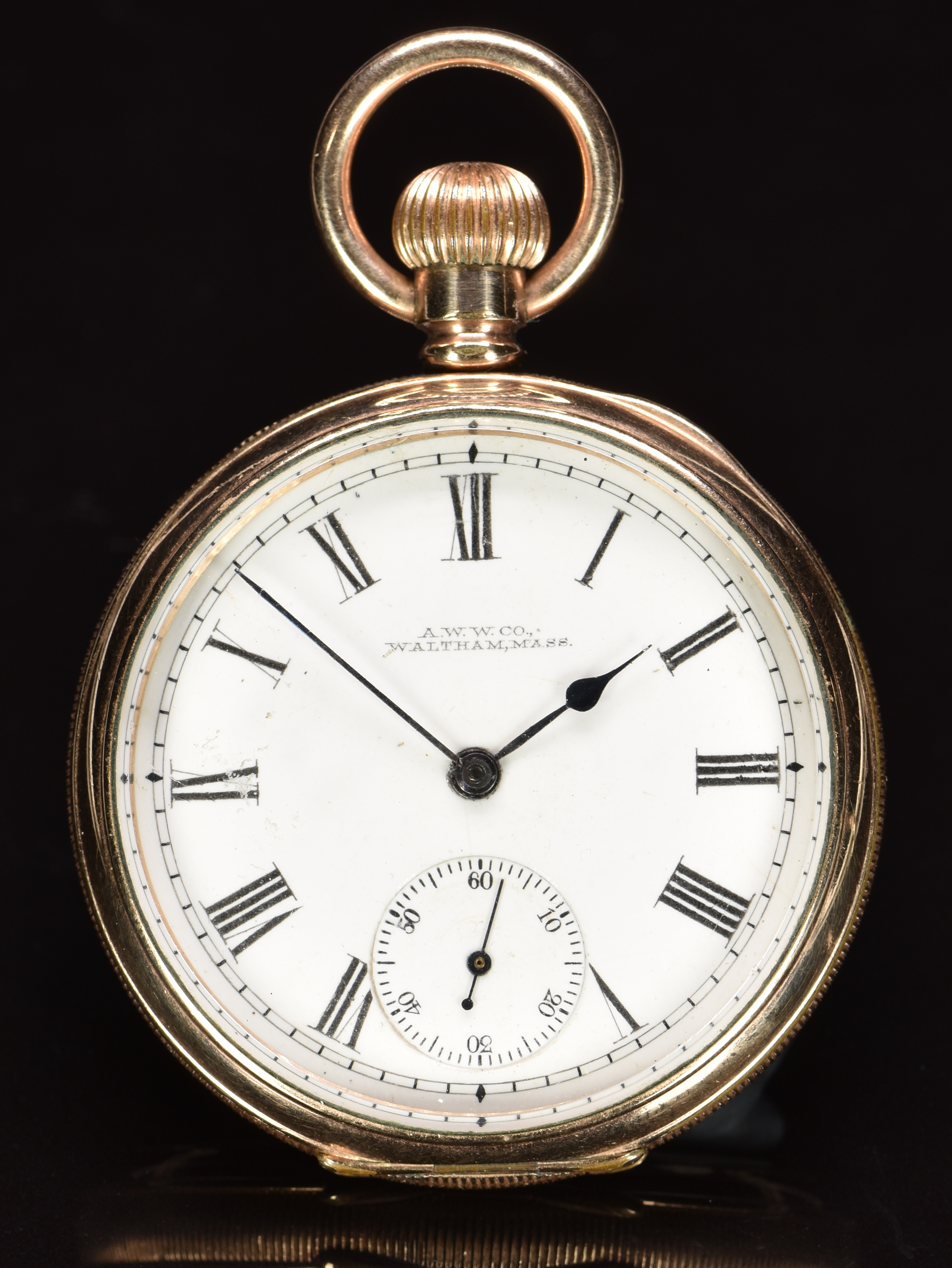 Waltham gold plated keyless winding open faced pocket watch with subsidiary seconds dial, blued