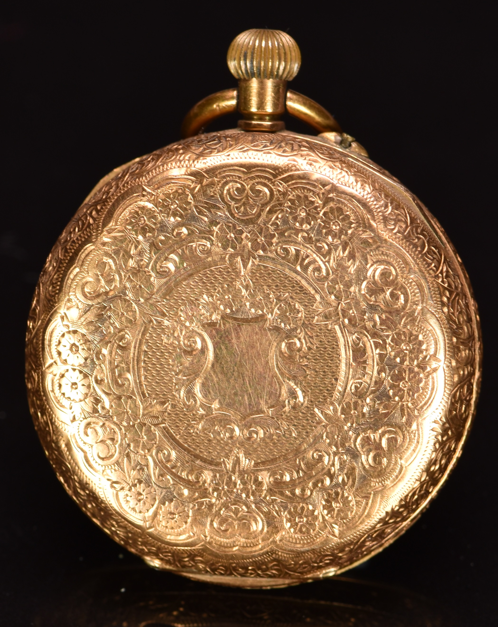 Unnamed 14ct gold keyless winding open faced pocket watch with blued hands, black Roman numerals, - Image 2 of 3