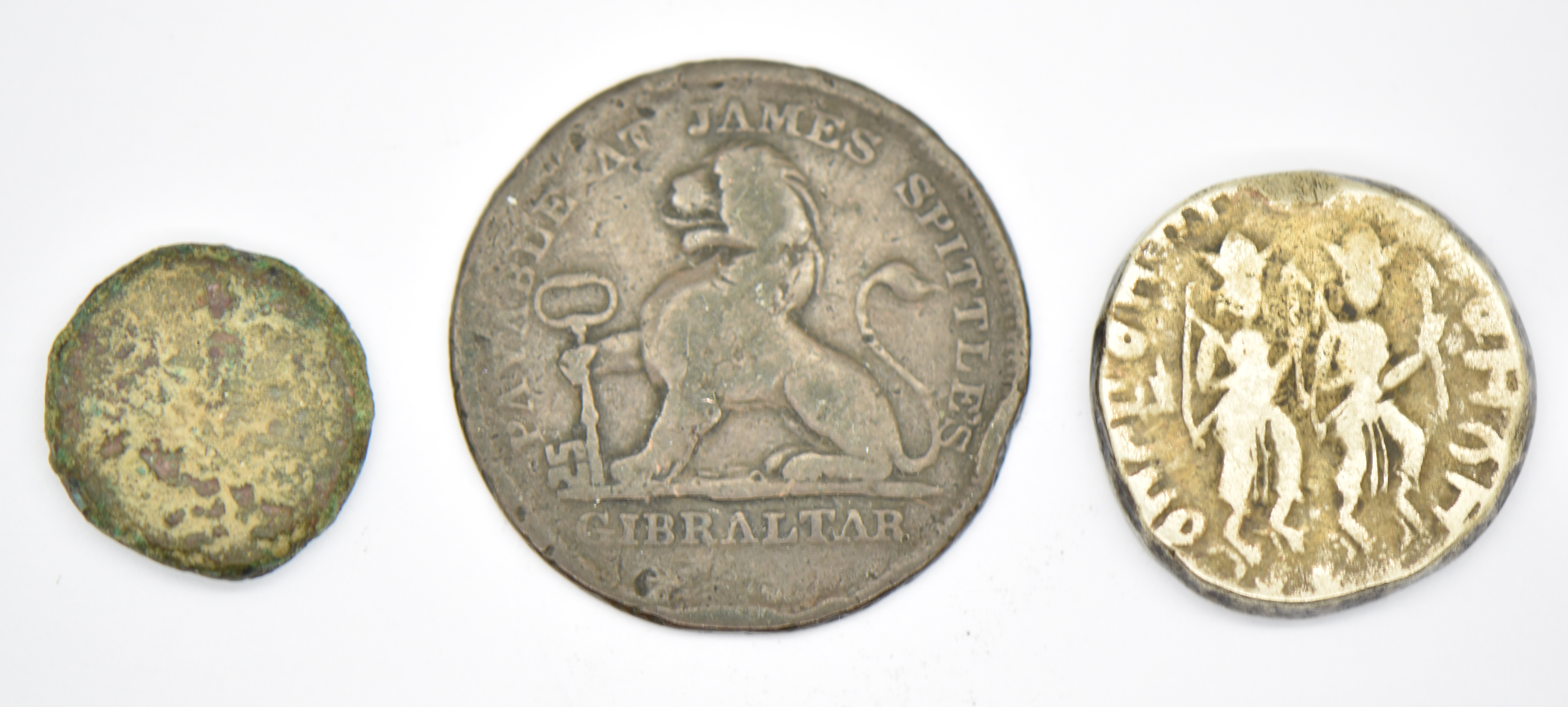 Indian silver Ram token, Gibraltar 1820 token and one other coin - Image 2 of 2