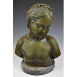 Bronze bust of a child with a bow in their hair, height 44cm