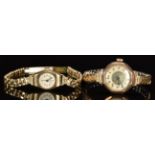 Two 9ct gold ladies wristwatches, both on gold plated bracelets, largest case diameter 25mm.