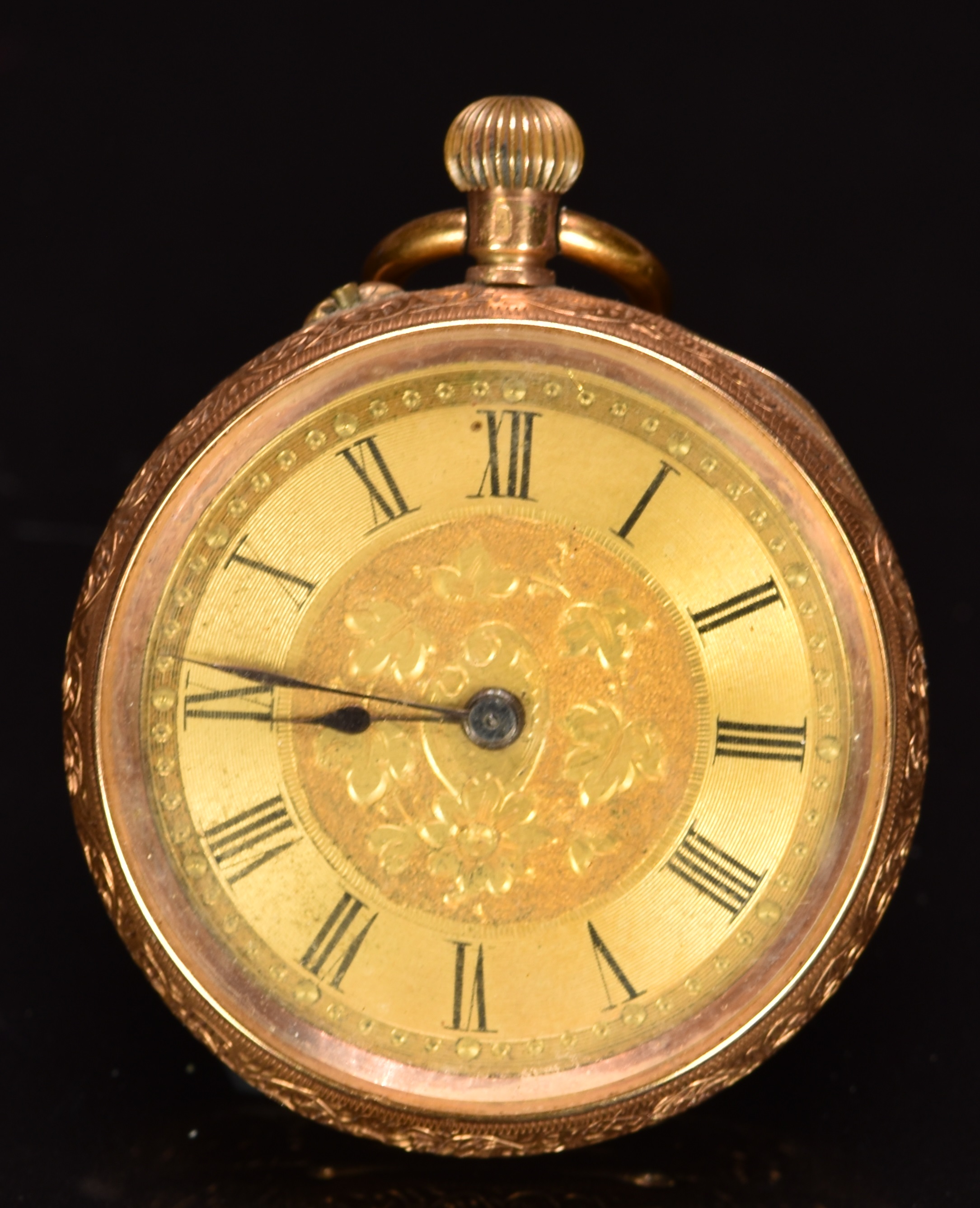 Unnamed 14ct gold keyless winding open faced pocket watch with blued hands, black Roman numerals,