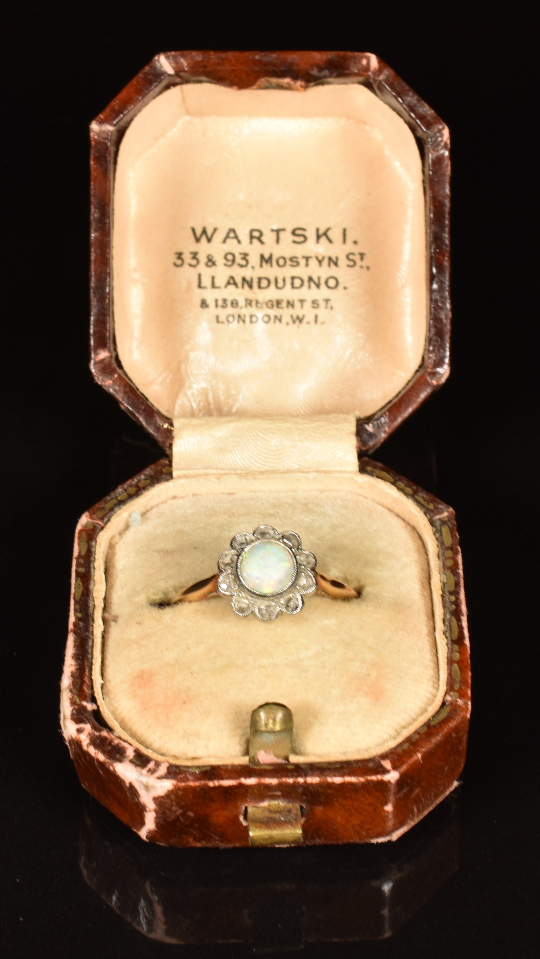 An 18ct gold ring set with an opal surrounded by rose cut diamonds, in vintage box, 2.9g, size M - Image 3 of 3