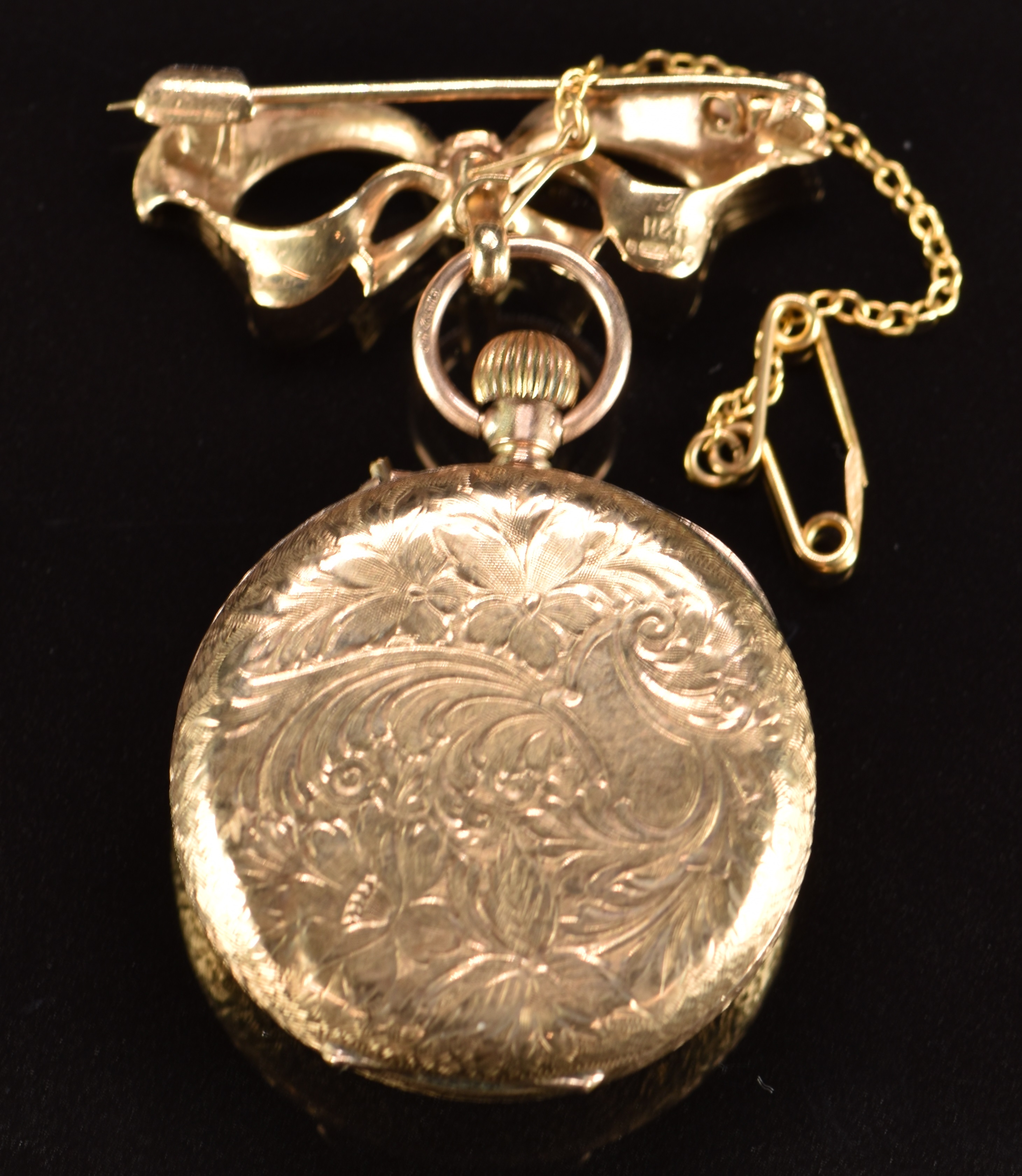 Swiss 9ct gold keyless winding open faced pocket watch with black Roman numerals, blued hands, - Image 2 of 2