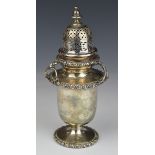 George V hallmarked silver sugar caster with gadrooned edges and unusual Arts and Crafts or Art