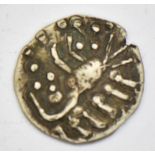 Anglo Saxon silver sceatta coin, obv. quilled animal right, pellets below, reverse beaded