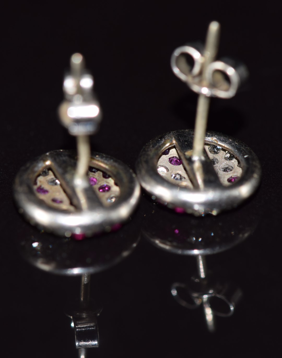 A pair of Art Deco platinum earrings each set with old cut rubies and diamonds, 3g, 1cm diameter - Image 3 of 3