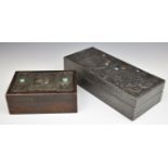 Two Arts & Crafts style pewter and cabochon decorated trinket boxes, length of longest 27cm