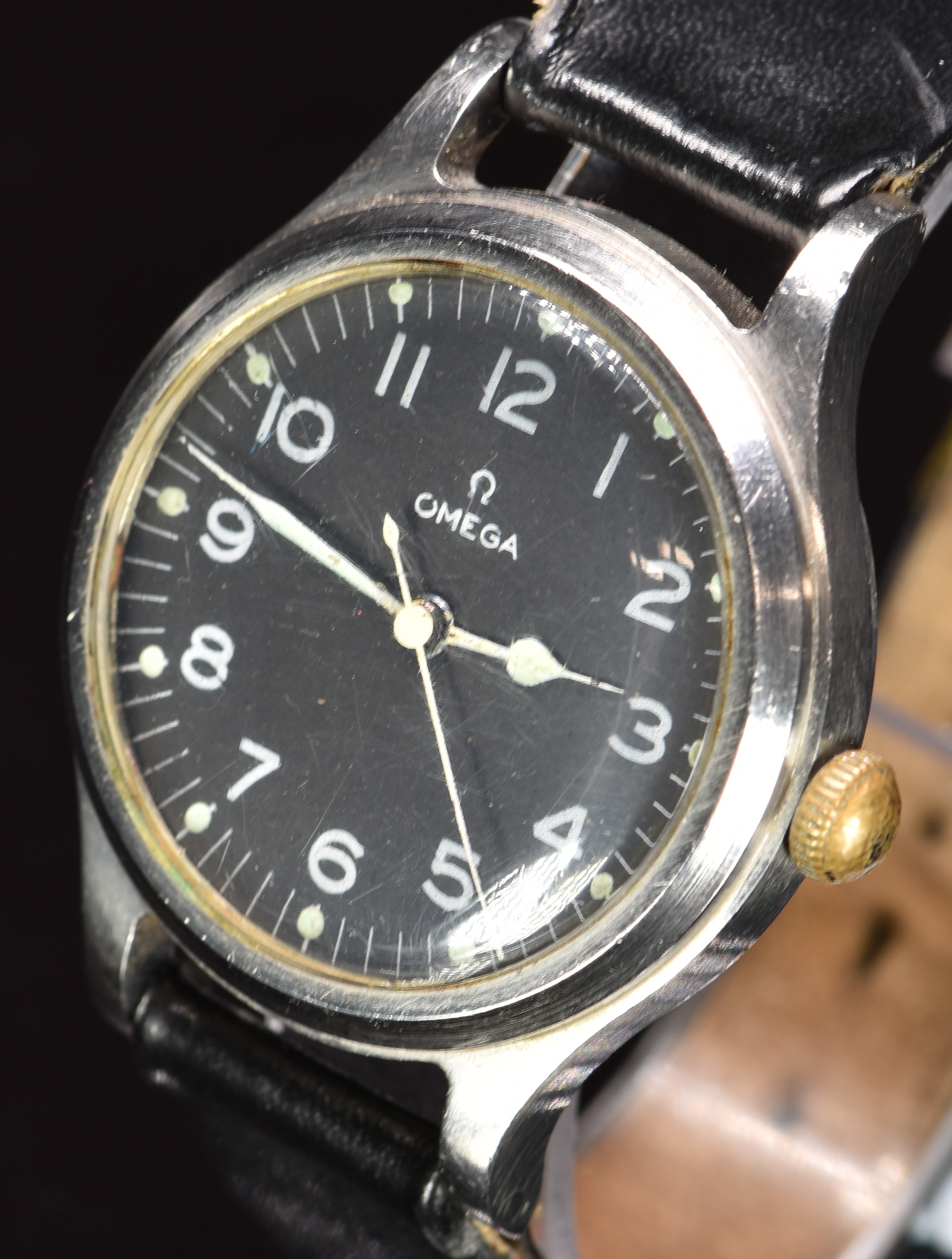 Omega British military issue wristwatch with luminous hands, white Arabic numerals, black dial, - Image 2 of 6