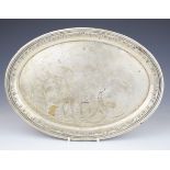 German silver oval dressing table tray with 800 grade silver marks to base, maximum diameter 30.5cm,