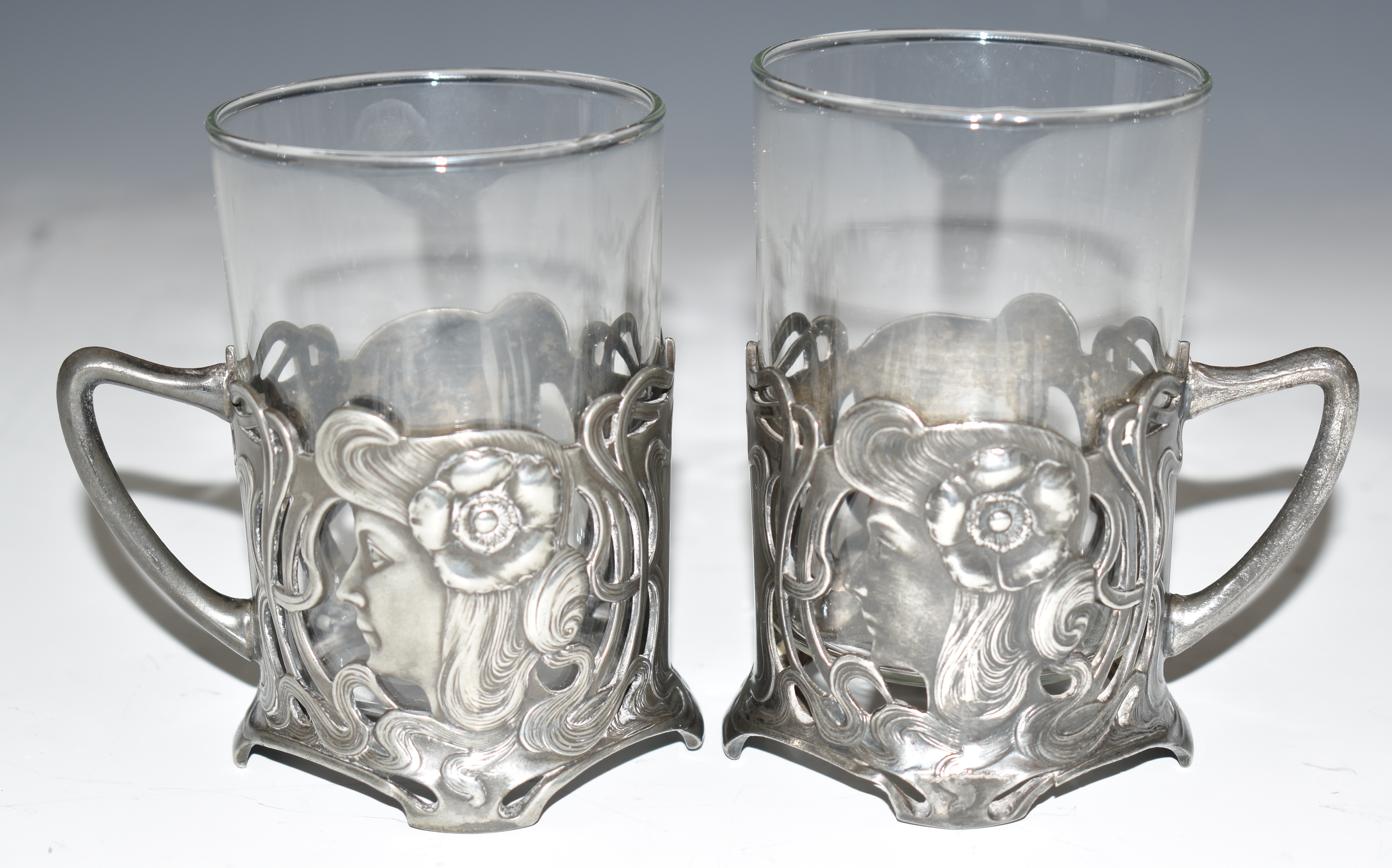 Pair of WMF Art Nouveau pewter glass beaker holder with stylised ladies, height 10.5cm - Image 2 of 9