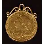 An 1895 gold full sovereign with Melbourne Mint mark, in pendant mount, 8.5g