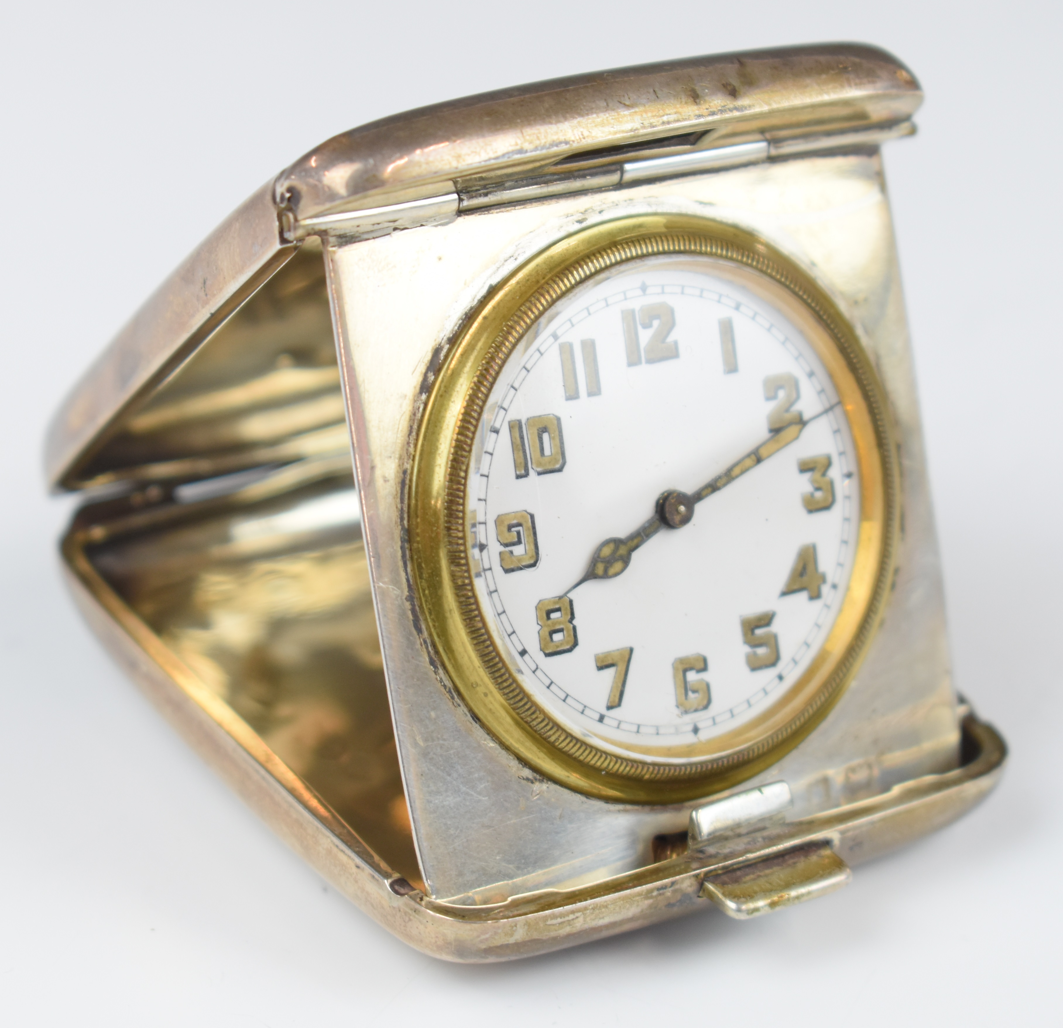Hallmarked silver travelling clock, marks rubbed but engraved for 1922, length when folded away 7cm, - Image 2 of 5