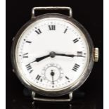Unnamed silver trench style gentleman's wristwatch with subsidiary seconds dial, blued hands,