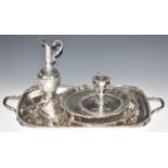 Silver plated two handled tray, length 55cm, two salvers, chamber stick, silver handled knives etc