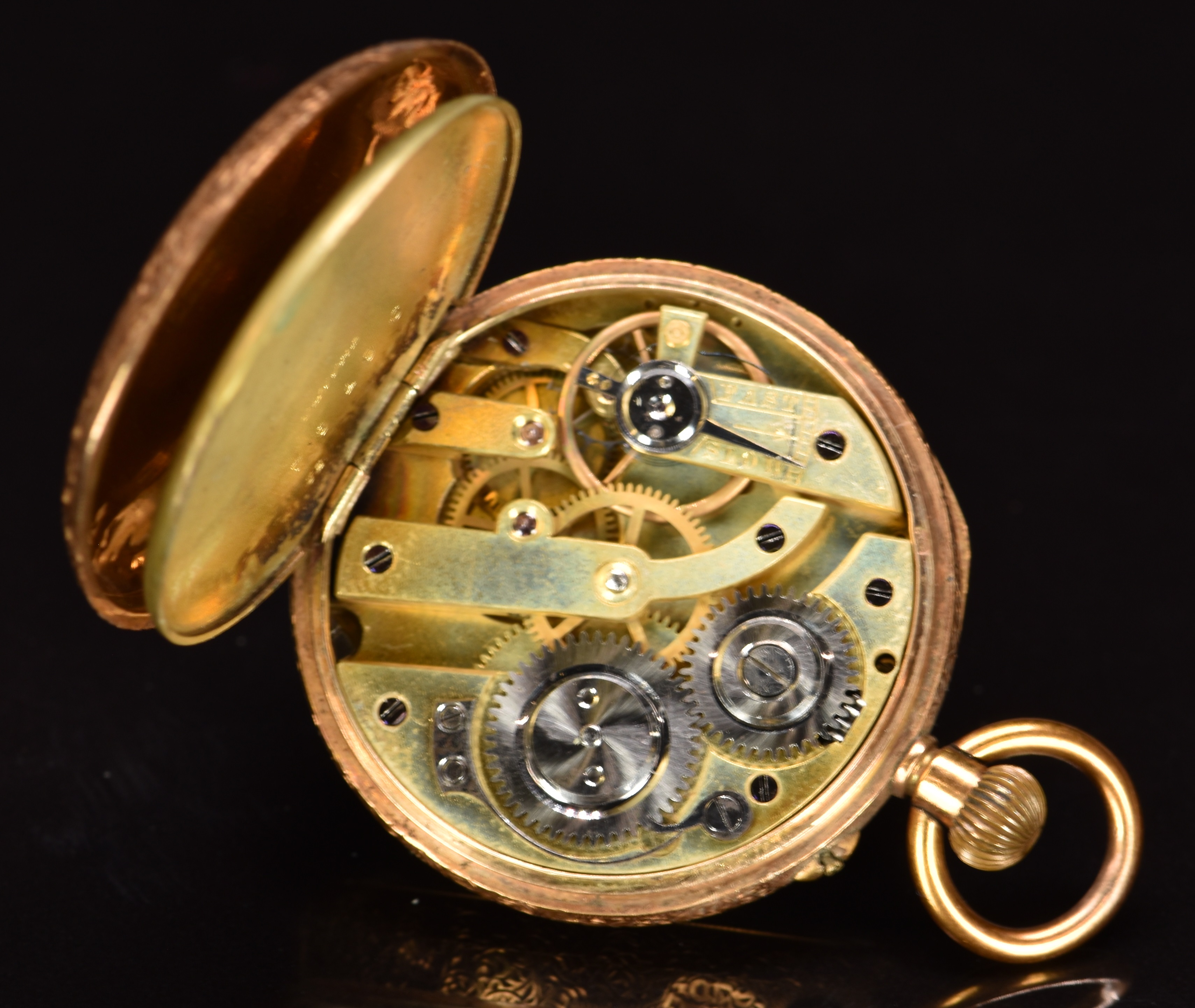 Unnamed 14ct gold keyless winding open faced pocket watch with blued hands, black Roman numerals, - Image 3 of 3