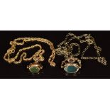 Two 9ct gold chains / necklaces with two 9ct gold swivel fobs set with agate, 19.2g