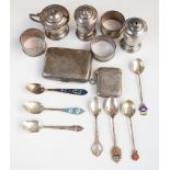 Hallmarked silver items to include cigar case, vesta case, three napkin rings and three piece