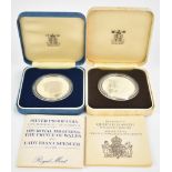 Royal Mint two commemorative proof silver coins for the Queen Mother and Charles and Diana, both