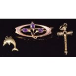 Edwardian 9ct gold brooch set with amethysts and seed pearls and two charms, 3.4g