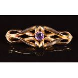 Victorian / Edwardian 9ct gold knot brooch set with amethyst and seed pearls, length 4.1cm, 3.6g