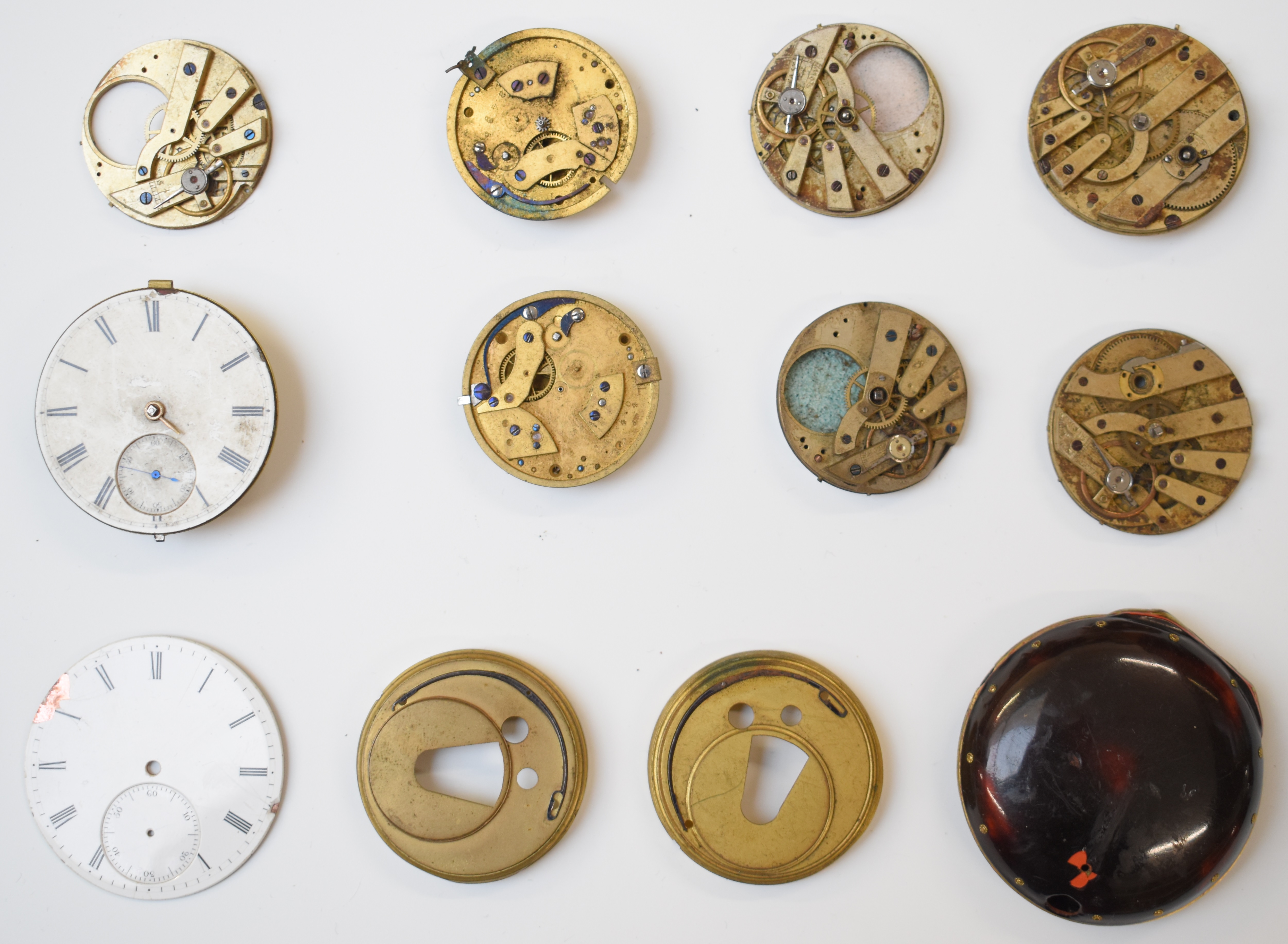 Large collection of pocket watch movements, dials and parts including fusee movements, tortoiseshell - Image 3 of 19
