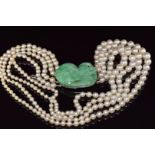 Art Deco Chinese white gold clasp set with jadeite in the form of fruit, on a triple strand of pearl