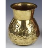 Arts & Crafts brass vase in the manner of Liberty, with embossed decoration of flowers and leaves,