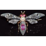 A c1880 gold and silver brooch in the form of a fly set with a natural pearl, pink sapphires, old
