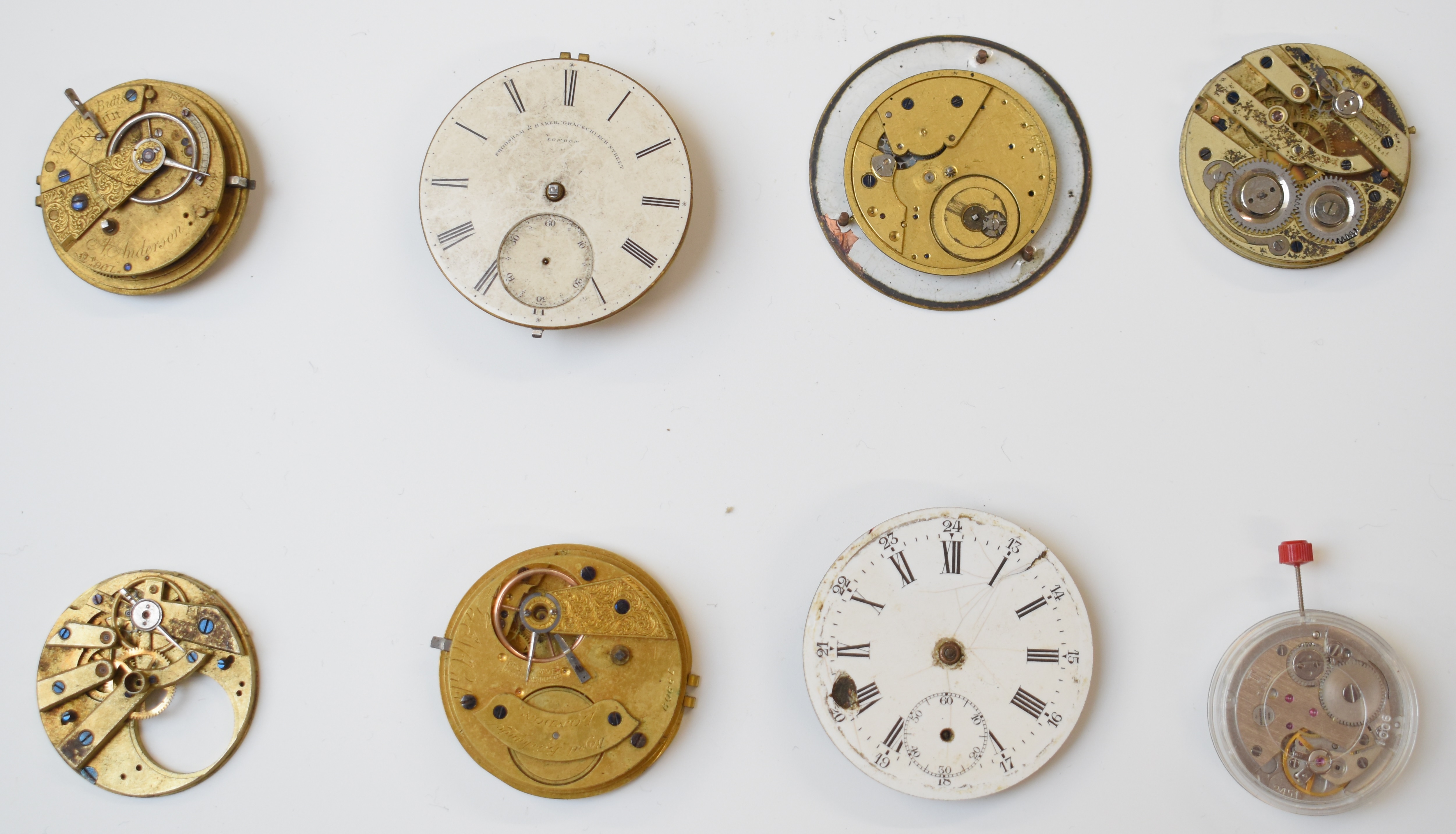 Large collection of pocket watch movements, dials and parts including fusee movements, tortoiseshell - Image 8 of 19