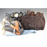 Four handbags comprising a dark brown suede example with LKB to inner pocket, Osprey brown and