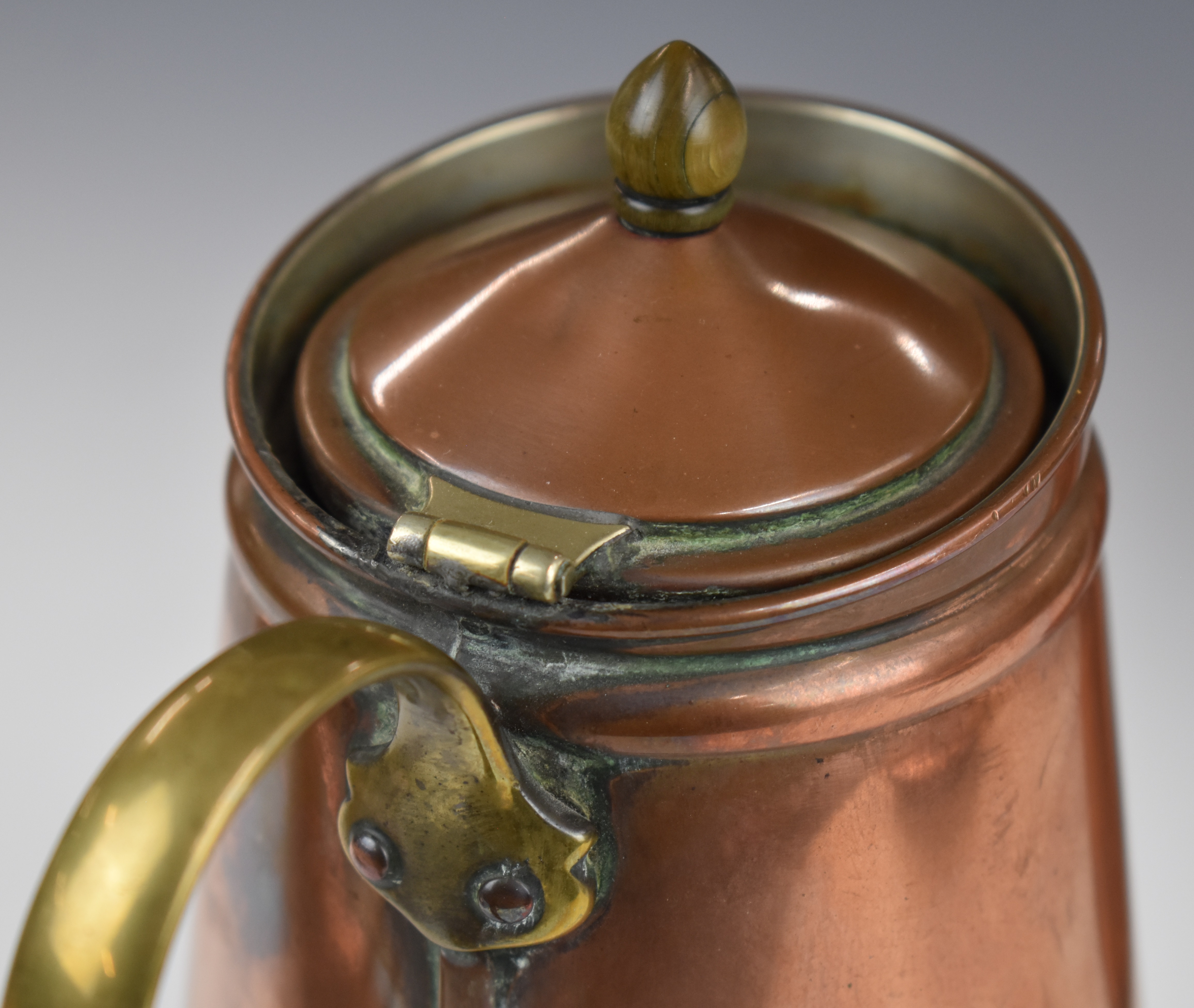 WAS Benson Arts & Crafts pair of ceramic lined copper and brass lemonade jugs, one impressed - Image 6 of 7