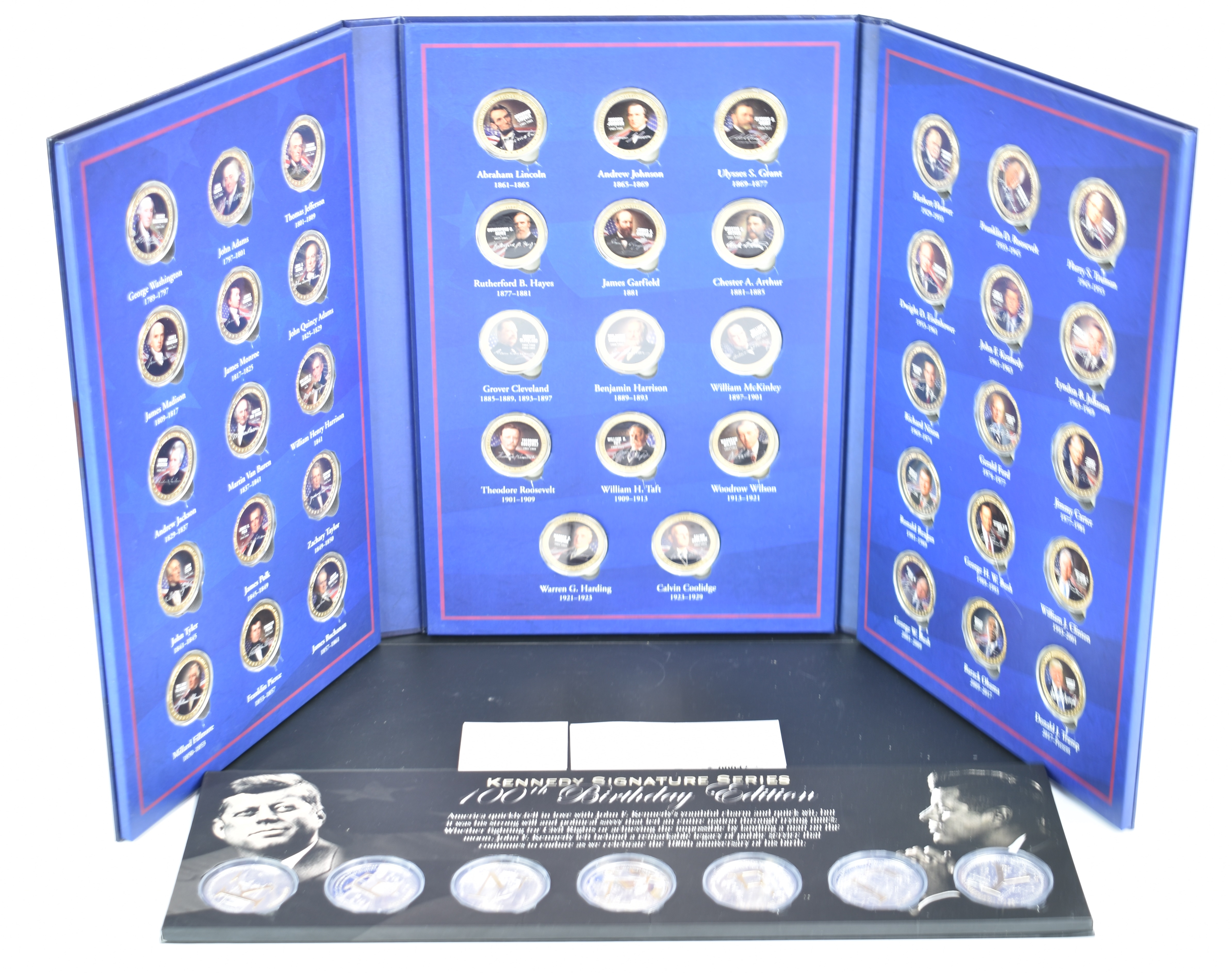 Windsor Mint two plated coin collections, one silver plated with gold overlay, the other gold plated