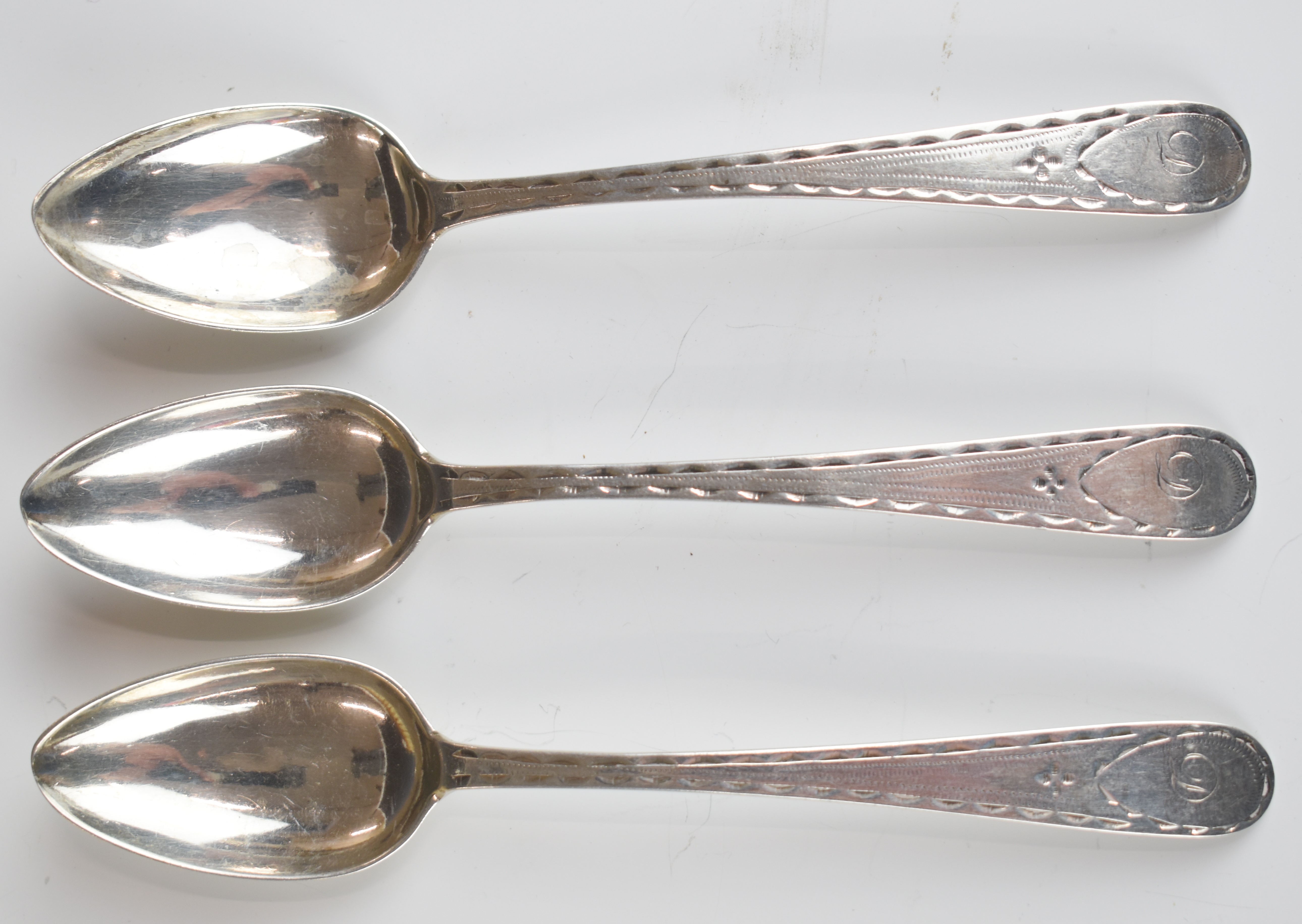 Three Scottish Georgian hallmarked silver bright cut teaspoons, Edinburgh circa 1800, maker - Image 2 of 4