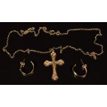 A 9ct gold cross, a 9ct gold chain and a pair of 9ct gold earrings, 2.7g