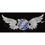 Art Deco 18ct white gold brooch in the form of a circle and wings set with sapphires and diamonds,