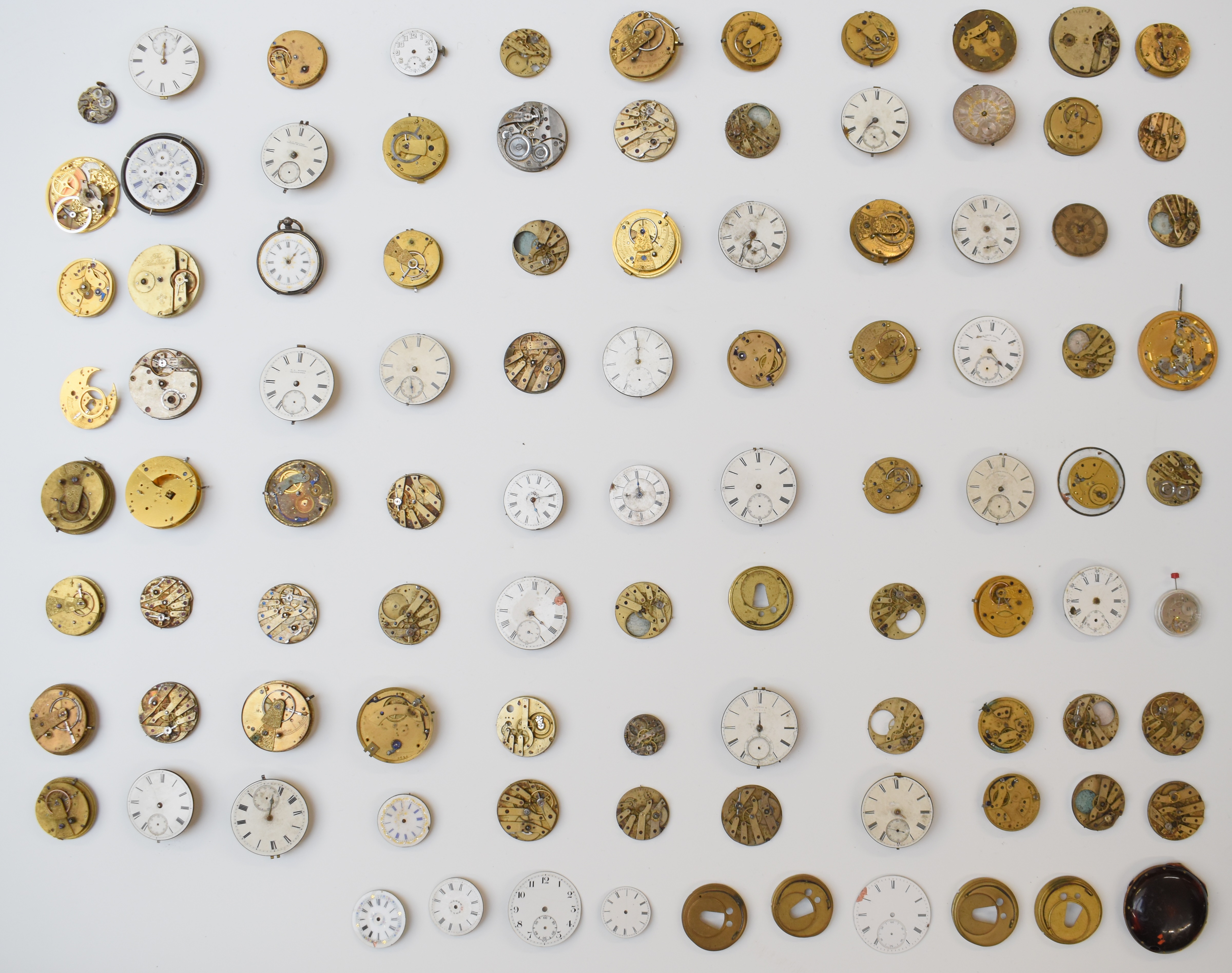 Large collection of pocket watch movements, dials and parts including fusee movements, tortoiseshell - Image 2 of 19