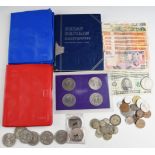 A quantity of coinage in Whitman collector's folders etc, banknotes including Gill, some pre-1947