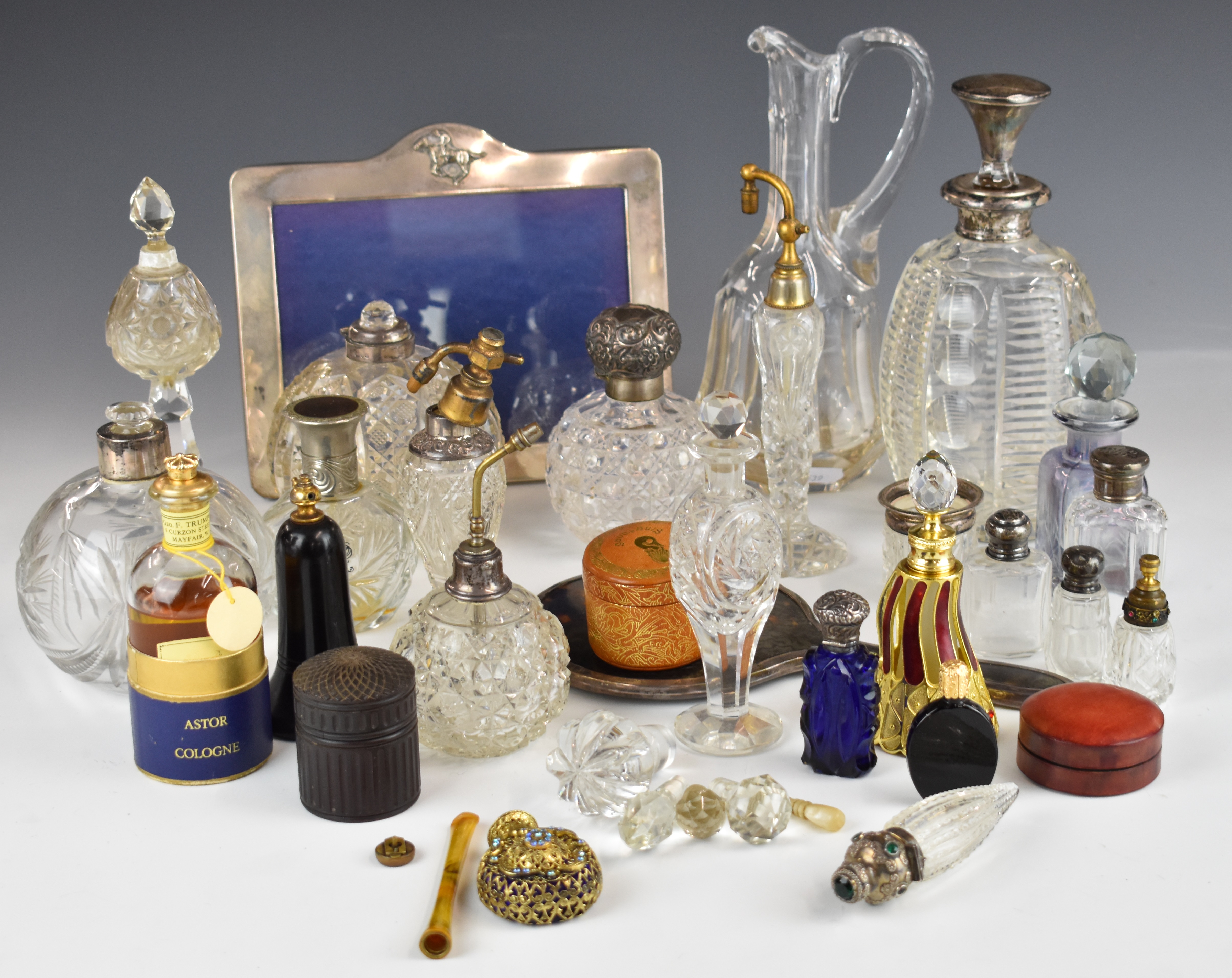 Hallmarked silver mounted glass items including claret jug, decanter, scent bottles etc, further - Image 2 of 9