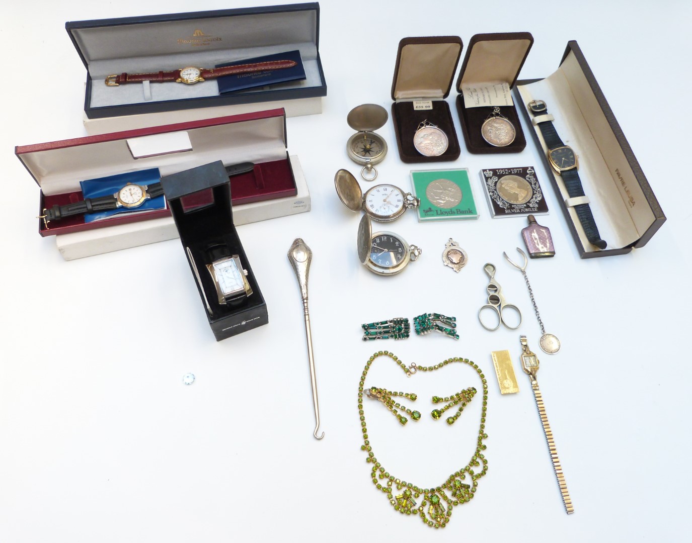 A collection of jewellery and coins including necklace, Art Deco paste earrings, pocket watches,