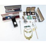 A collection of jewellery and coins including necklace, Art Deco paste earrings, pocket watches,