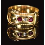 Late Victorian 18ct gold buckle ring set with a diamond and rubies, Birmingham 1890, maker White &