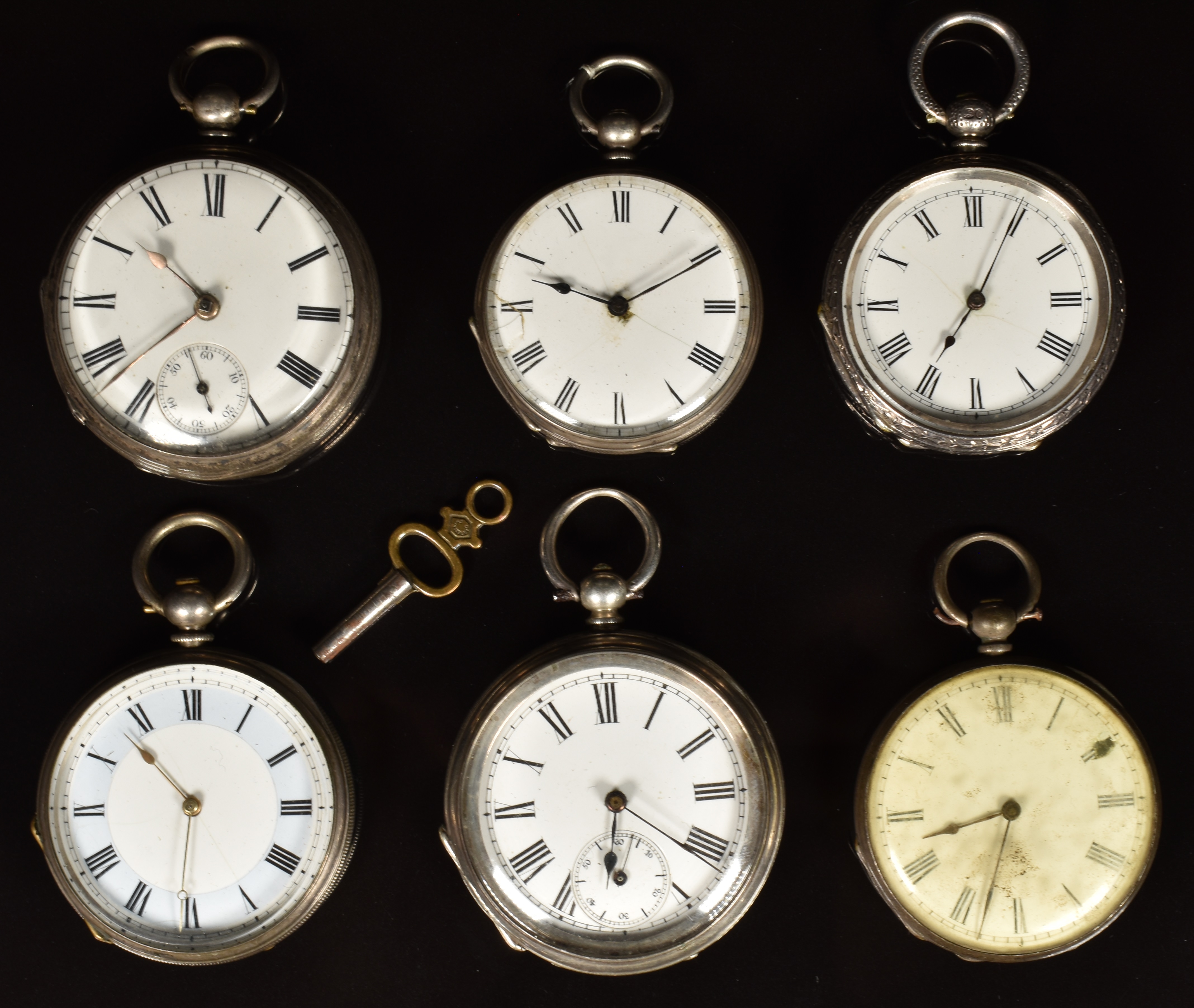 Six silver open faced pocket watches including Kendall of Portland, each with Roman numerals,