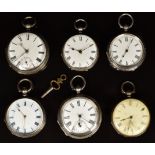 Six silver open faced pocket watches including Kendall of Portland, each with Roman numerals,