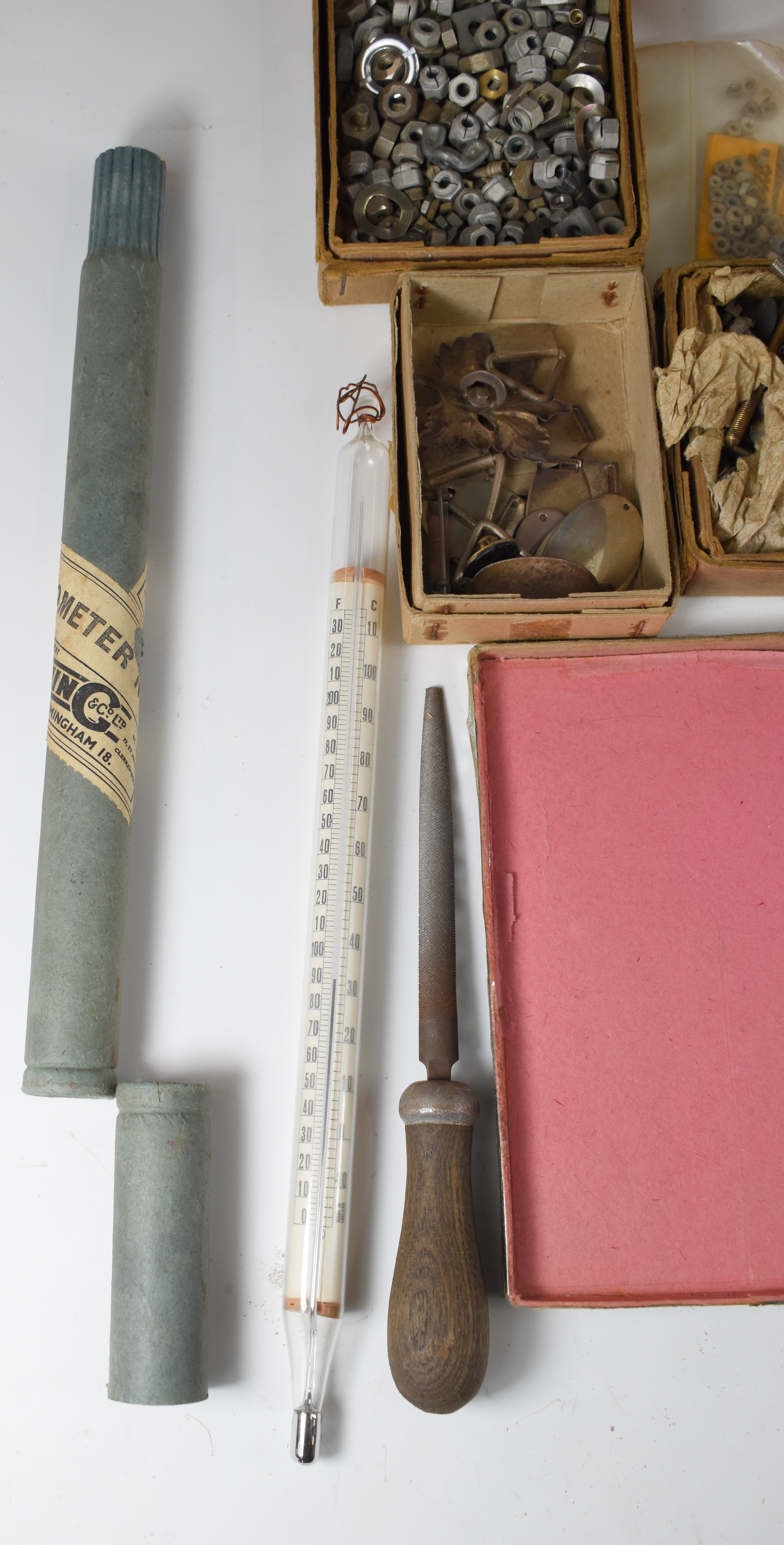 Collection of clock parts, keys, tools, needle files, engraver's wax, clamps etc, in three trays - Image 8 of 21