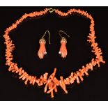 Victorian pair of earrings in the form of a hand set with coral and paste, and a coral necklace